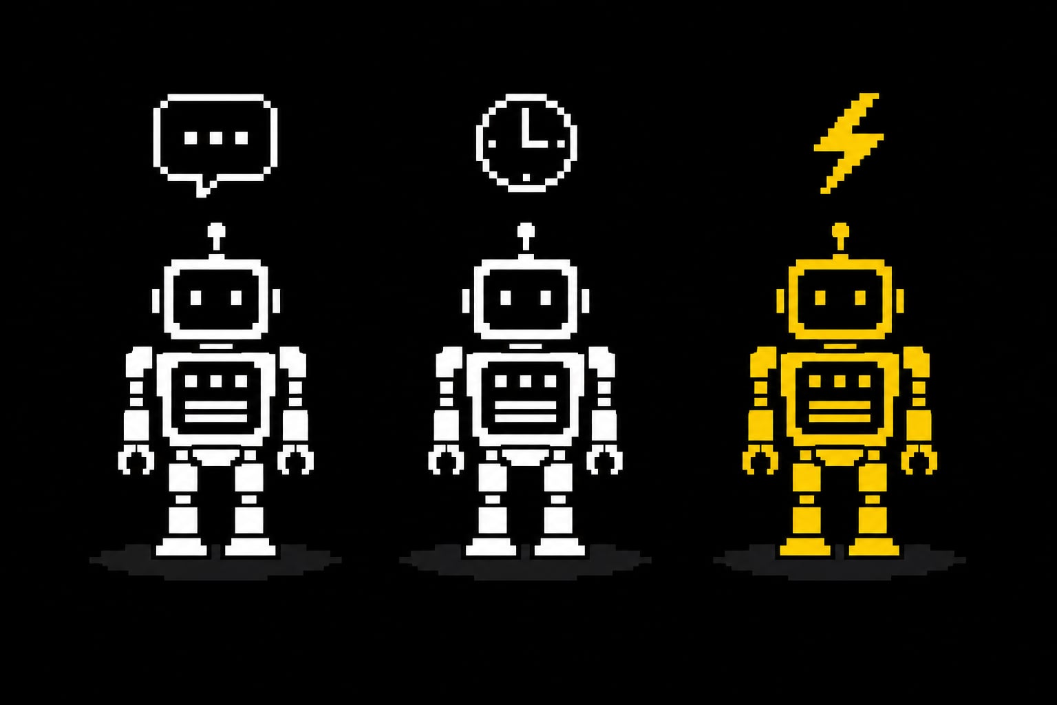 Trois robots pixel-art représentant les familles d'agents IA conversationnel, planifié et event-driven
