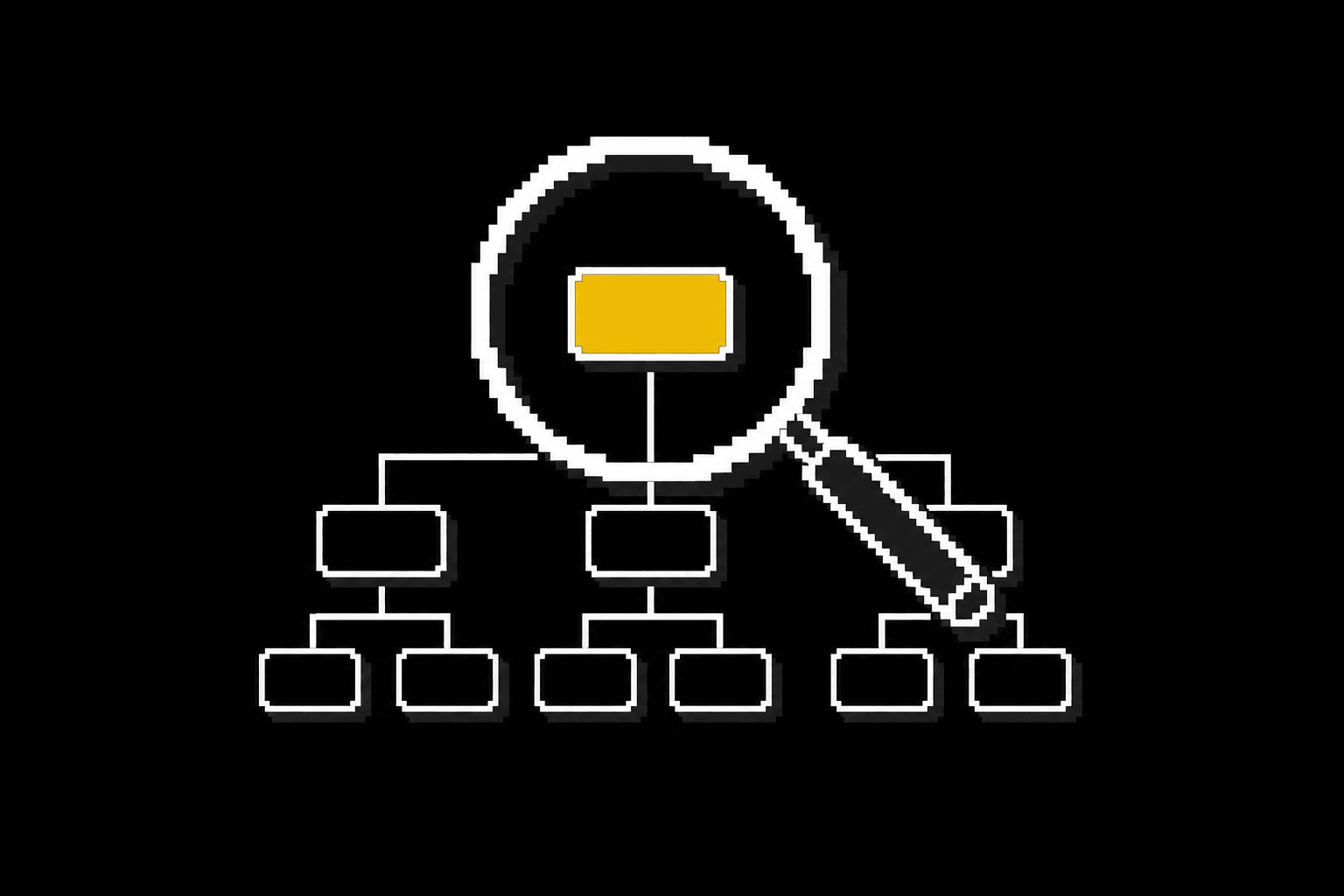 Loupe pixel-art représentant le diagnostic IA d'entreprise